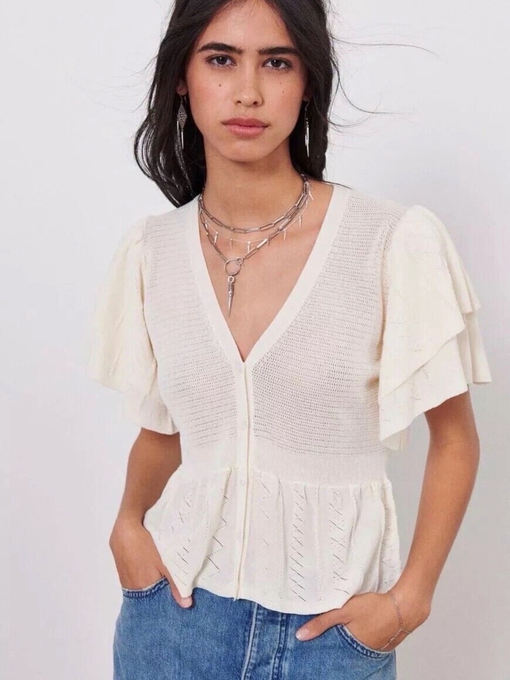 ba&sh Cream Knit V-Neck Peplum Top with Flutter Sleeves XS